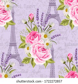 Seamless floral pattern with Eiffel towers on vintage postcard background. Vector illustration.