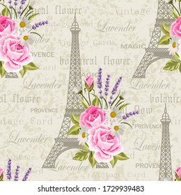 Seamless floral pattern with Eiffel towers on vintage postcard background. Vector illustration.