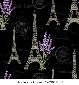 Seamless floral pattern with Eiffel towers on vintage postcard background. Vector illustration.