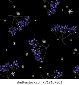 Seamless floral pattern with elder tree clusters of berries and snowflakes. Elegant winter vector illustration.