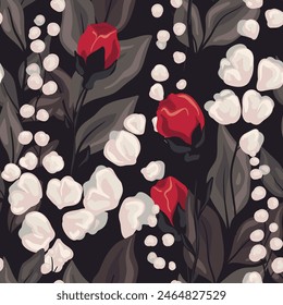 Seamless floral pattern, elegant abstract design wallpaper, textile print in dark colors. Beautiful botanical ornament: hand drawn red, small white flowers, large leaves on black. Vector illustration.