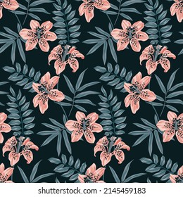 Patrón floral sin foco, fondo botánico elegante con plantas tropicales dibujadas a mano. Composición abstracta de grandes flores de lirio, hojas de palma en un campo negro. Ilustración vectorial.