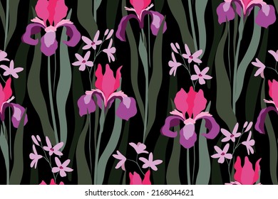 Nahtlose Blumenmuster, eleganter botanischer Druck mit Irisblumen, Blätter auf schwarzem Hintergrund. Elegantes botanisches Oberflächendesign mit handgezeichneten Pflanzen, Wildblumen. Vektorgrafik.