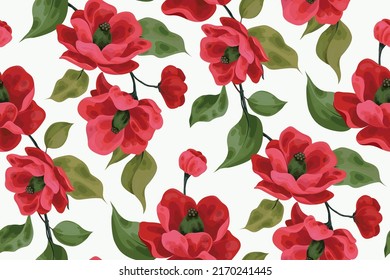 Patrón floral sin fisuras, elegante huella botánica con ramas floridas sobre un fondo blanco. Diseño moderno de superficie nerd con flores de flor roja, hojas en una rama. Ilustración vectorial.