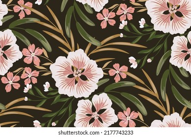 Seamless floral pattern, elegant botanical background with large flowers in vintage style. Beautiful floral print with hand drawn plants, gentle flowers, various leaves. Vector illustration.