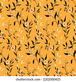 Patrón floral sin fisuras, elegante huella botánica con ramas dibujadas a mano en estilo vintage. Composición abstracta de plantas silvestres: flores pequeñas, ramas florecientes, hojas sobre un fondo amarillo. Vector