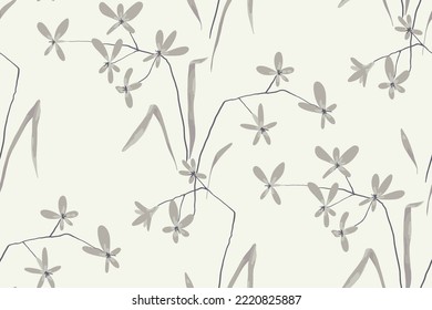 Seamless floral pattern, elegant botanical print in a minimalist style. Simple flower surface design with hand drawn plants: small flowers on thin stems, leaves on a white background. Vector.