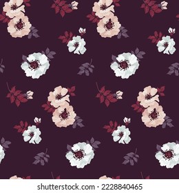 Seamless floral pattern, elegant botanical print with large hand drawn rosehip flowers. Vintage flower design, abstract composition of lush flower buds, leaves on dark background. Vector illustration.