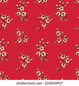 Patrón floral sin fisuras, elegante huella botánica con ramas de flores artísticas sobre un fondo rojo. Diseño de flores antiguas con flores dibujadas a mano, flores diminutas, hojas. Ilustración vectorial.