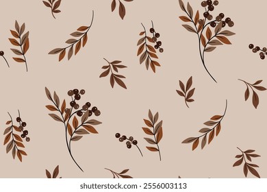 Seamless floral pattern, elegant botanical design with dry autumn plants. Hand drawn wild berries, leaves with branches abstractly fall on brown background. Vector illustration.