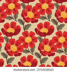 Patrón floral inconsútil, impresión botánica elegante de las Grandes flores rojas dibujadas a mano. Diseño de Antiguas de flores silvestres pintadas, brotes florecientes en subgrupos delgados, hojas. Ilustración vectorial.