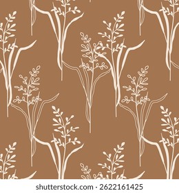 Seamless floral pattern with elegant branches on terracotta background. Vector background with wild grass. Great for textile, wallpaper and surface design.