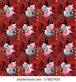 Seamless floral pattern. Elegant bright red  background with luxury  white pink and red  beautiful  3d roses flowers and gold swirl leaves.  Vector vintage  texture for wallpapers, textile, fabric