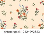 Seamless floral pattern, elegant ditsy print with hand drawn wild flowers. Beautiful botanical design in vintage rustic motif, small flowers, tiny leaves, simple bunch on yellow. Vector illustration.