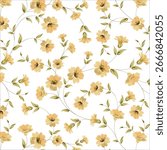 Seamless floral pattern, elegant ditsy print with hand drawn wild flowers. Beautiful botanical design in vintage rustic motif, small flowers, tiny leaves, simple bunch on yellow. Vector illustration.
