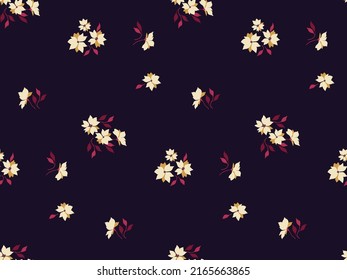 Seamless floral pattern, elegant ditsy print with small plants in vintage style. Dark botanical background with small scattered flowers, leaves, tiny bouquets. Vector illustration.