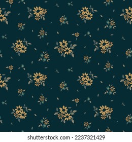 Seamless floral pattern, elegant ditsy print with small flowers in vintage style. Pretty flower design with tiny hand drawn flowers, leaves, bouquets on a dark blue background. Vector illustration.