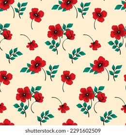 Seamless floral pattern, elegant ditsy print with vintage motif. Beautiful botanical design for fabric, paper: hand drawn red flowers, small leaves branches on a light background. Vector illustration.