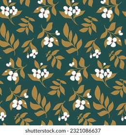 
Seamless floral pattern, elegant ditsy print with a drawing of small branches with flowers and leaves. Vintage botanical fabric, wallpaper design of hand drawn wild plants on dark background. Vector.