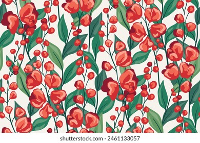 Seamless floral pattern, elegant ditsy print, abstract flower ornament. Beautiful botanical design: hand drawn small red flowers, stems, large leaves, branches on white background. Vector illustration