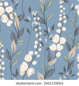 Seamless floral pattern, elegant ditsy print, abstract flower ornament. Romantic botanical design: hand drawn small white flowers, stems, large leaves, branches on blue background. Vector illustration