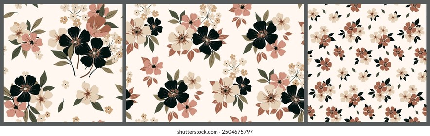 Seamless floral pattern, elegant ditsy print, abstract flower ornament in delicate vintage style. Cute botanical design in shabby motif: small hand draw flowers, leaves, bouquets. Vector illustration.