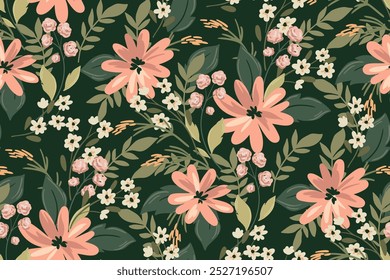 Patrón floral sin fisuras, elegante estampado elegante, adorno abstracto con campo floreciente verde en motivo retro. Diseño botánico bonito: Pequeñas flores silvestres dibujadas a mano, hierba, hojas. Ilustración vectorial.