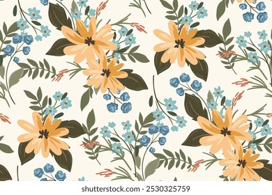 Seamless floral pattern, elegant ditsy print, abstract nature ornament of yellow flowers. Beautiful botanical design: hand drawn wild plants, large flowers, small leaves, bouquets. Vector illustration