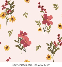Seamless floral pattern, elegant ditsy print, beautiful nature ornament of hand drawn wildflowers. Botanical design in vintage motif: small red flowers, leaves, simple bouquets. Vector illustration.
