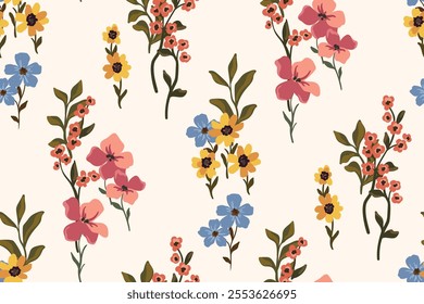 Seamless floral pattern, elegant ditsy print with hand drawn wild plants in abstract composition. Beautiful botanical design of small flowers on stems, leaves on light field. Vector illustration.