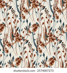 Seamless floral pattern, elegant ditsy print of hand drawn wild plants in autumn colors. Artistic botanical design of small flowers, tiny twigs, foliage, leaves on beige. Vector illustration.