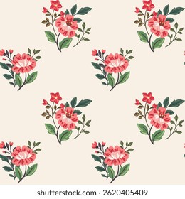 Padrão floral perfeito, impressão elegante e elegante com um motivo clássico. Belo design botânico com grandes flores vermelhas desenhadas à mão, folhas pequenas, buquês florescente. Ilustração vetorial.