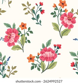 Seamless floral pattern, elegant ditsy print in classic folk motif. Beautiful botanical design of colorful hand drawn bouquets, large and small flowers, red buds, leaves. Vector illustration.