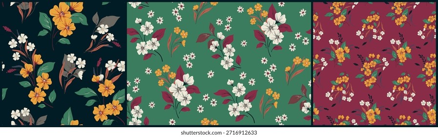 Patrón floral sin fisuras, elegante estampado elegante en un estilo vintage. Diseño botánico en colores otoñales. Pequeñas flores dibujadas a mano, pequeñas ramitas, ramos, hojas en composición abstracta. Ilustración vectorial.