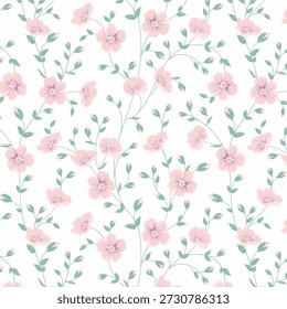 Seamless floral pattern, elegant ditsy print with hand drawn wild flowers. Beautiful botanical design in vintage rustic motif, small flowers, tiny leaves, simple bunch. Vector illustration. 

