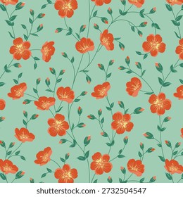 Seamless floral pattern, elegant ditsy print with hand drawn wild flowers. Beautiful botanical design in vintage rustic motif, small flowers, tiny leaves, simple bunch on yellow. Vector illustration. 
