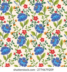 Seamless floral pattern, elegant ditsy print in a classic vintage motif. Ornate botanical design of hand drawn wild plants, large blue flowers, small leaves, twigs in bouquets. Vector illustration.