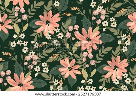 Seamless floral pattern, elegant ditsy print, abstract ornament with green blooming field in retro motif. Pretty botanical design: small hand drawn wild flowers, grass, leaves. Vector illustration.