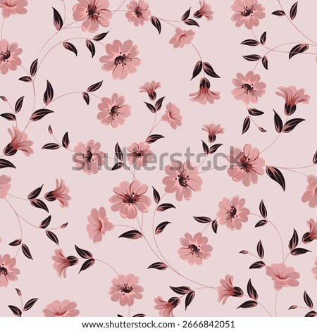 Seamless floral pattern, elegant ditsy print with hand drawn wild flowers. Beautiful botanical design in vintage rustic motif, small flowers, tiny leaves, simple bunch on yellow. Vector illustration.
