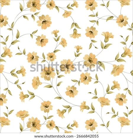 Seamless floral pattern, elegant ditsy print with hand drawn wild flowers. Beautiful botanical design in vintage rustic motif, small flowers, tiny leaves, simple bunch on yellow. Vector illustration.
