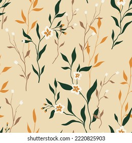 Seamless floral pattern, elegant flower print in vintage style. Beautiful botanical background design with small flowers, leaves branches, hand drawn wild plants in natural colors. Vector illustration