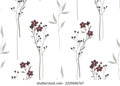 Seamless floral pattern, elegant flower print with hand drawn plants in neutral colors. Trendy botanical design with small flowers on branches, leaves on a white background. Vector illustration.