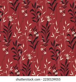 Patrón floral sin foco, elegante huella floral con plantas silvestres dibujadas a mano. Diseño botánico vintage con flores pequeñas, ramas, hojas variadas sobre un fondo burdeos. Ilustración vectorial floral.