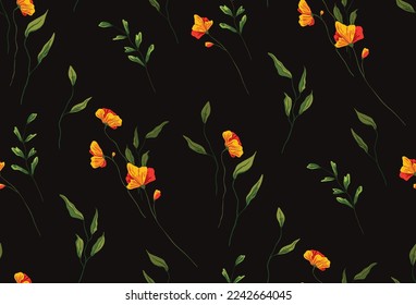 Seamless floral pattern, elegant flower print with wild plants. Botanical design of fabric, paper; abstract composition of small yellow flowers, leaves, herbs on a dark background. Vector illustration