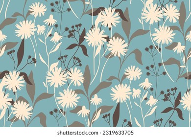 Nahtlose Blumenmuster, eleganter Blumendruck von Silhouetten von Wildpflanzen auf blauem Hintergrund. Schönes botanisches Design: handgezeichnete Blumen, Äste, Blätter im Vintage-Stil. Vektorgrafik