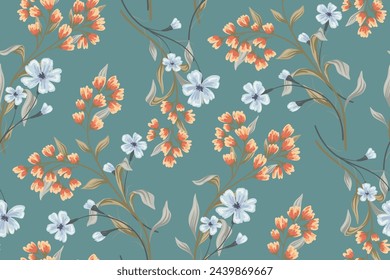 Patrón floral sin costuras, elegante estampado de flores, adorno abstracto de plantas dibujadas a mano salvajes. Papel pintado botánico, diseño textil: flores pequeñas, hojas grandes, ramas en azul. Ilustración vectorial.