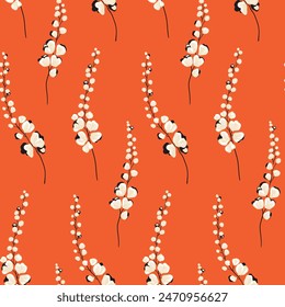 Patrón floral sin costuras, elegante estampado de flores, adorno abstracto de la naturaleza en elegante motivo vintage. Diseño botánico: Pequeñas flores blancas dibujadas a mano, ramas delgadas sobre fondo rojo. Ilustración vectorial