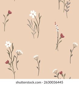 Seamless floral pattern, elegant flower print in natural neutral colors. Beautiful botanical surface design of small hand drawn wild flowers, tiny plants on beige field. Vector illustration.