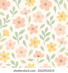 A seamless floral pattern with elegant flowers and leaves in soft, balanced tones.