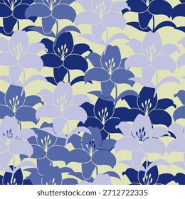 Seamless floral pattern with elegant lily flowers in blue, purple, and cream shades, perfect for modern fabric prints and decorative backgrounds